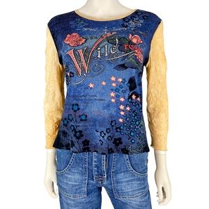 Vintage wild Rose cursive romantic print studded mesh long sleeve shirt Blouse